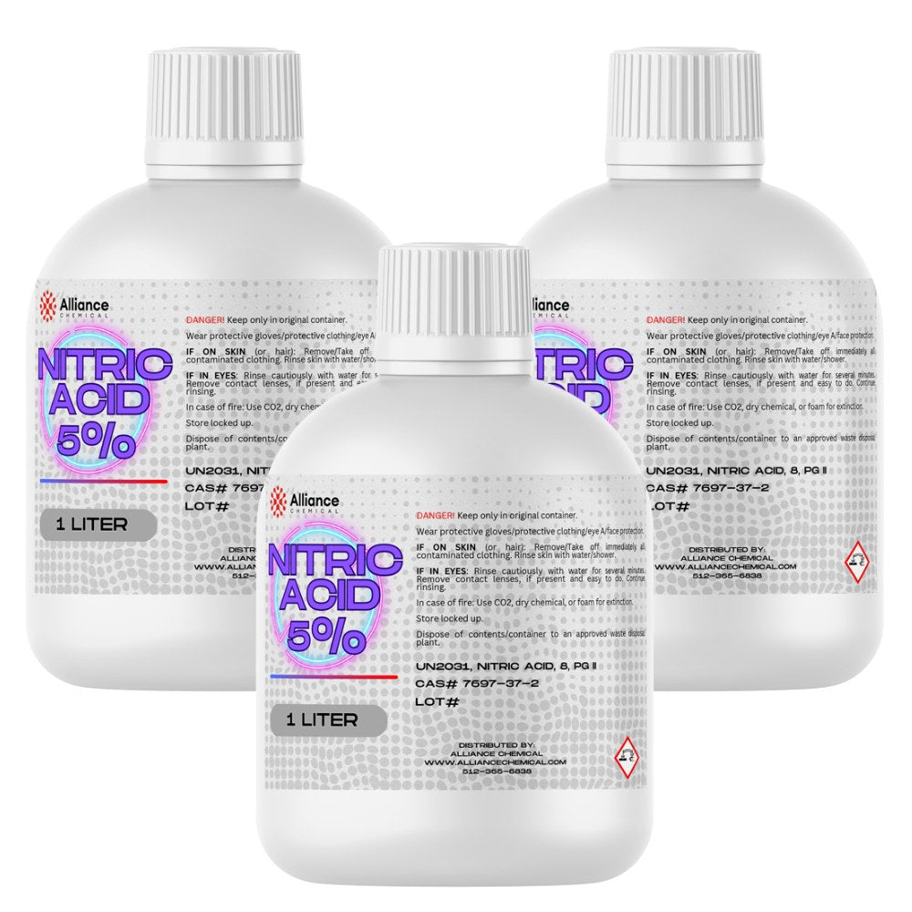 1L bottles of 5% Nitric Acid in white HDPE containers, UN2031 classified, with safety warnings and Alliance Chemical branding, hazard symbols.